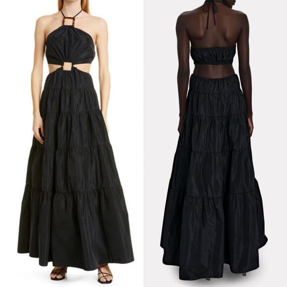 Staud Dome Halter Neck Cut Out Maxi Dress Tiered Skirt Black Size Medium - Picture 10 of 10